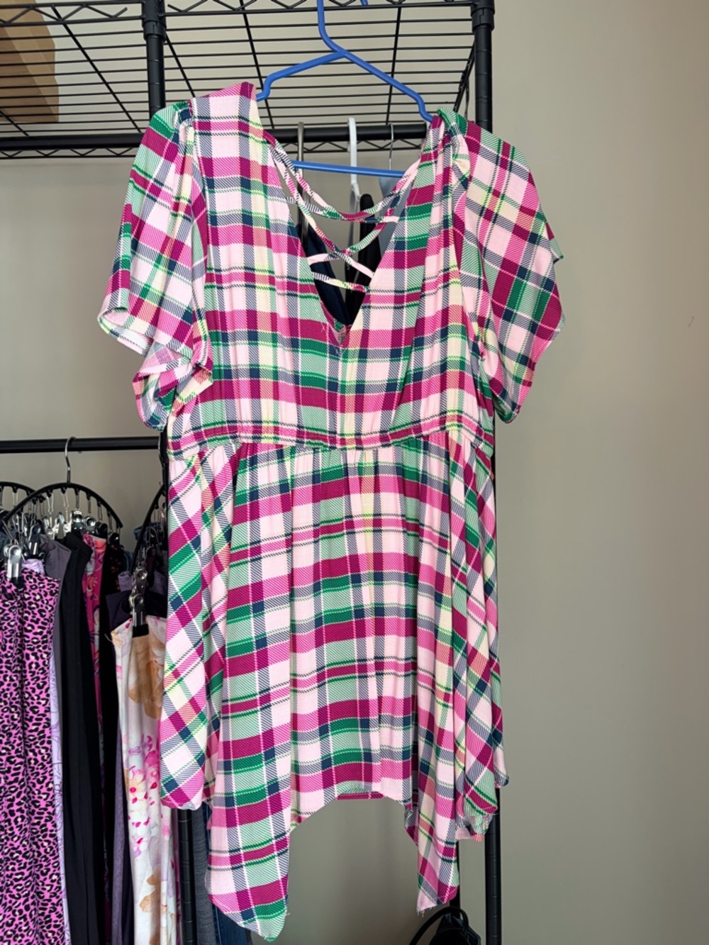 torrid Pink & Green Plaid Short Sleeve Tunic with Lace-Up Back